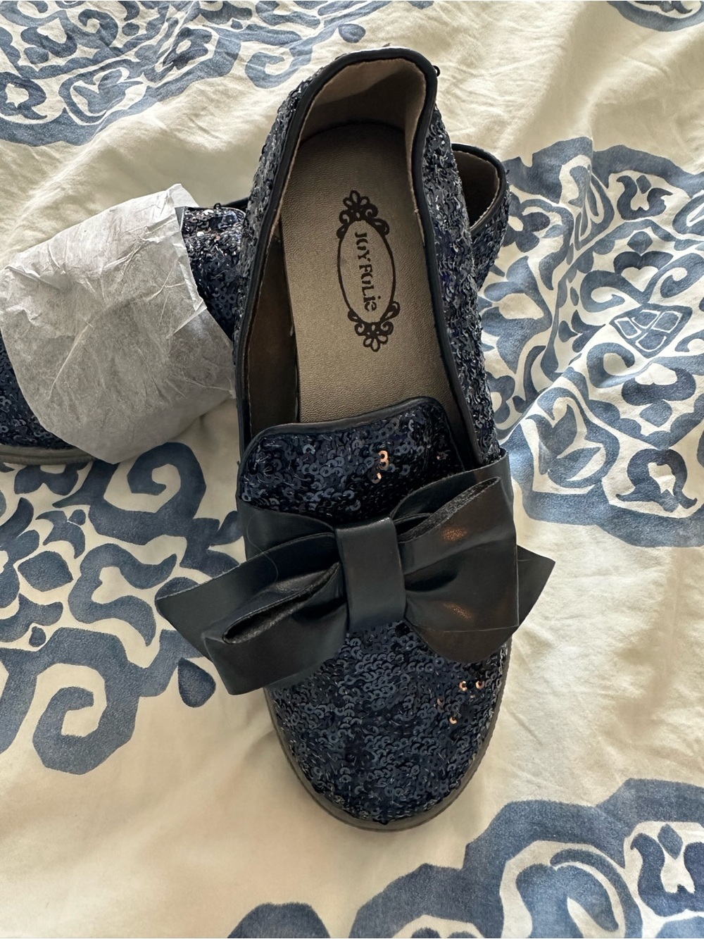 Joyfolie Navy Sequin Bow Slip-On Loafers
